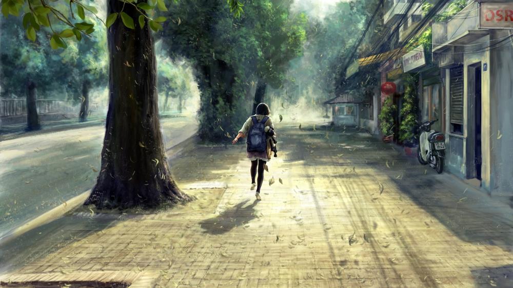 Morning Stroll in Anime City wallpaper