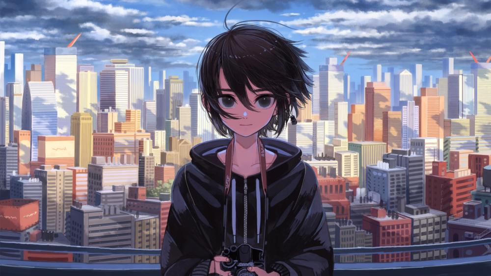 Anime Girl Overlooking the Bustling Cityscape wallpaper