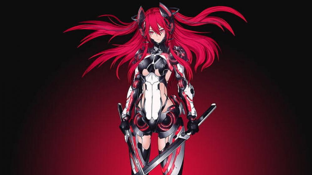 Fierce Red-Haired Anime Warrior With Katana wallpaper