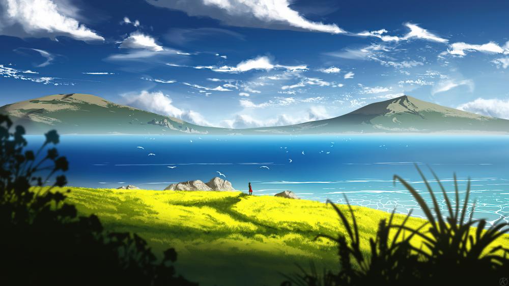 Serene Anime Landscape Overlooking Tranquil Seas wallpaper