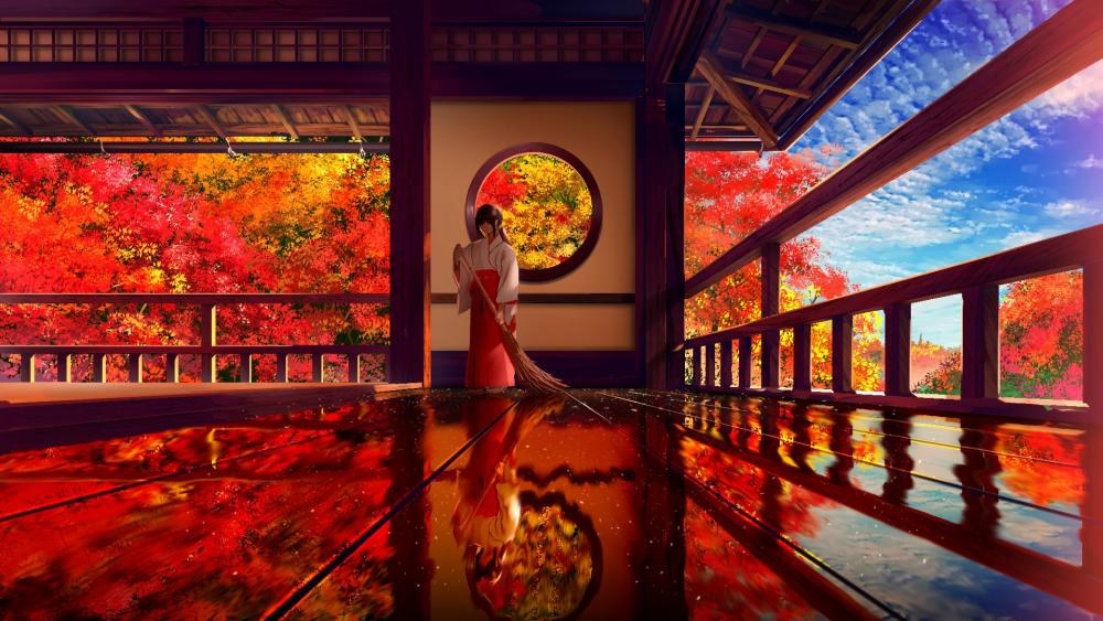 Autumn Serenity in a Japanese Pavilion wallpaper