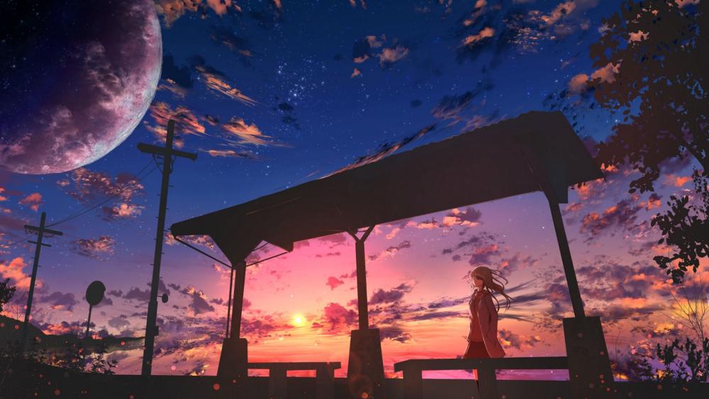 Anime Silhouette Against a Sunset Sky wallpaper