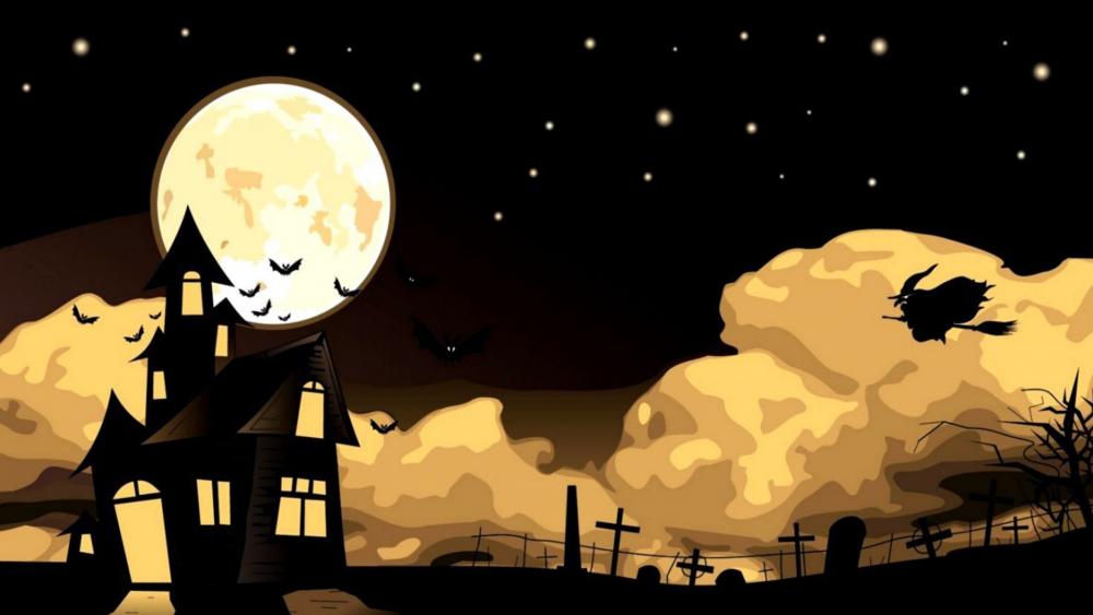Spooky Halloween Night with Full Moon and Witch wallpaper