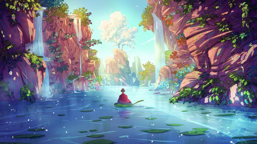 Mystical Monk in Tranquil Waterscape wallpaper