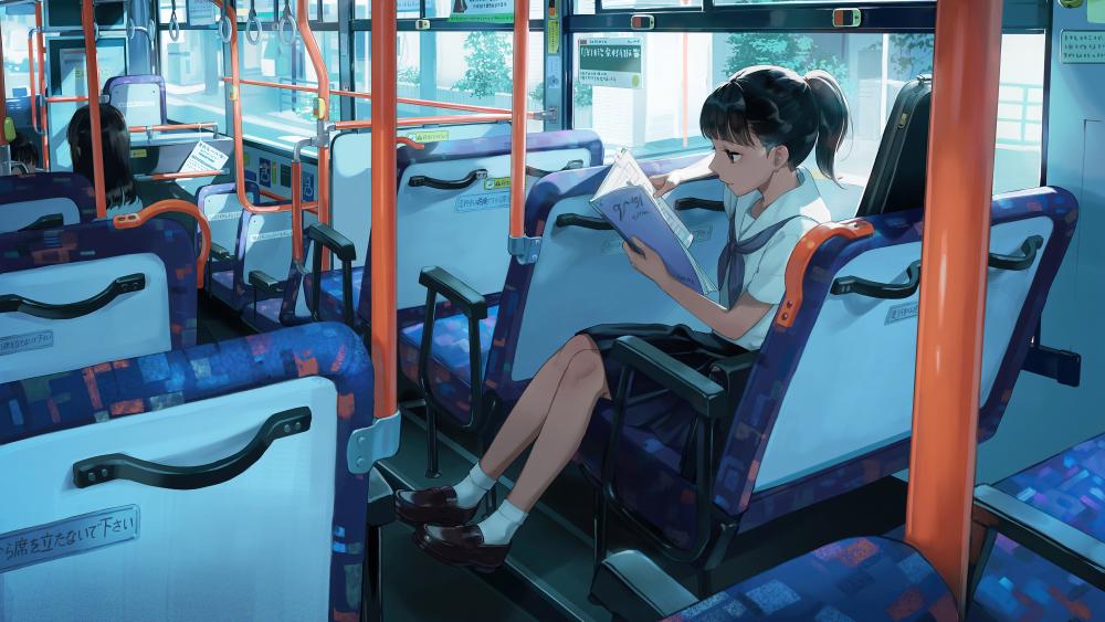 Anime Schoolgirl Lost in Manga on Bus Journey wallpaper