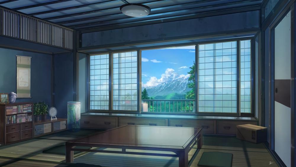 Tranquil Anime Living Room with Scenic View wallpaper