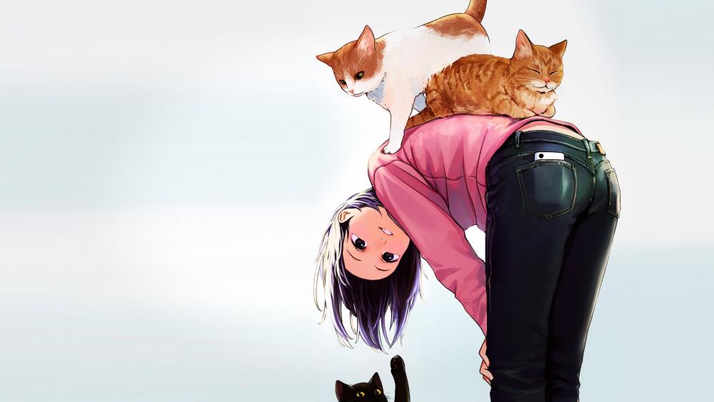 Anime Girl with Playful Feline Companions wallpaper