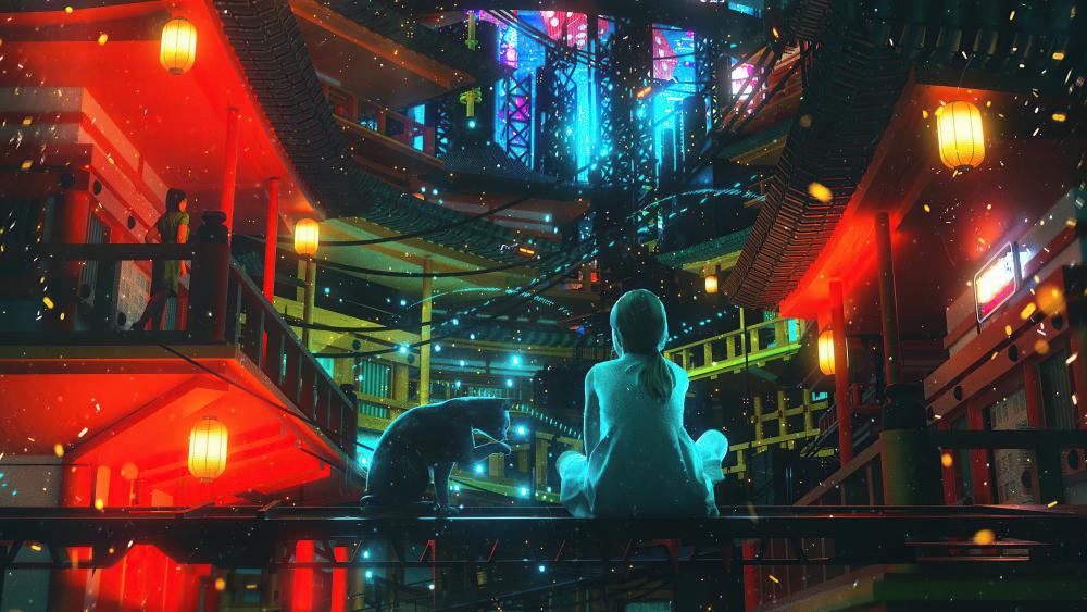 Neon Dreams in a Futuristic Anime City wallpaper