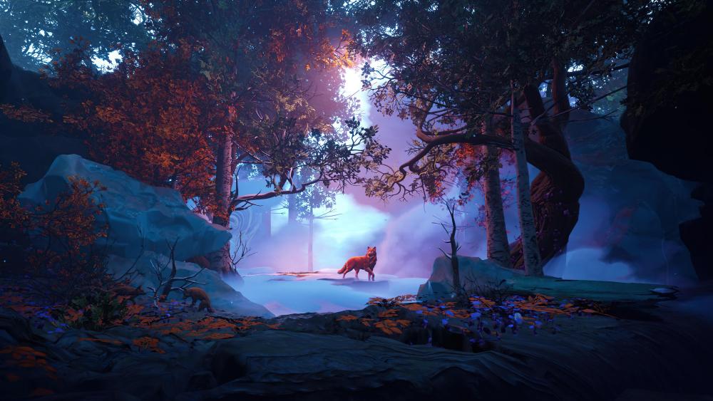Enchanted Autumn Forest with Mystic Fox wallpaper