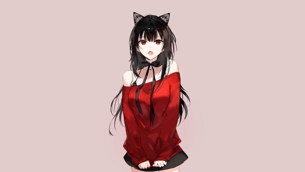 Cat-Eared Anime Beauty in Red wallpaper