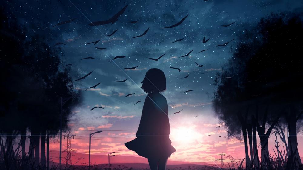 Dusk Reverie with a Lonely Anime Girl wallpaper