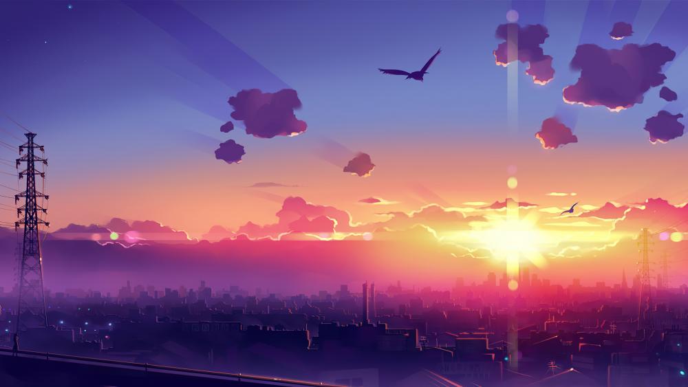 Anime Sunset Over the Cityscape wallpaper