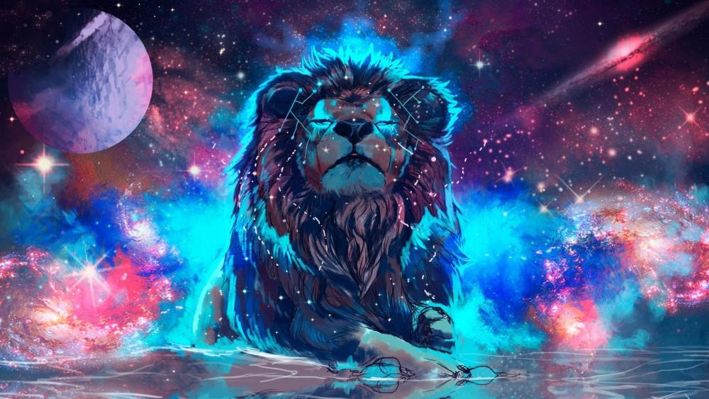 Majestic Cosmic Lion in Starry Realm wallpaper