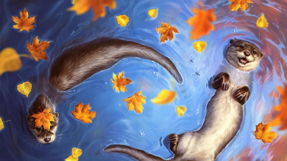 Otters in Autumn Wonderland wallpaper