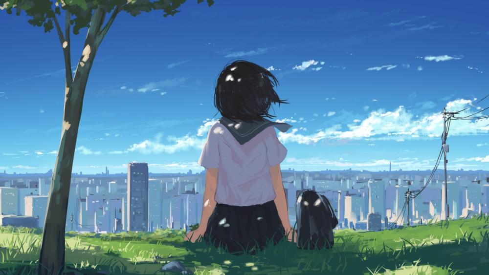 Anime Schoolgirl Dreams of Urban Skies wallpaper