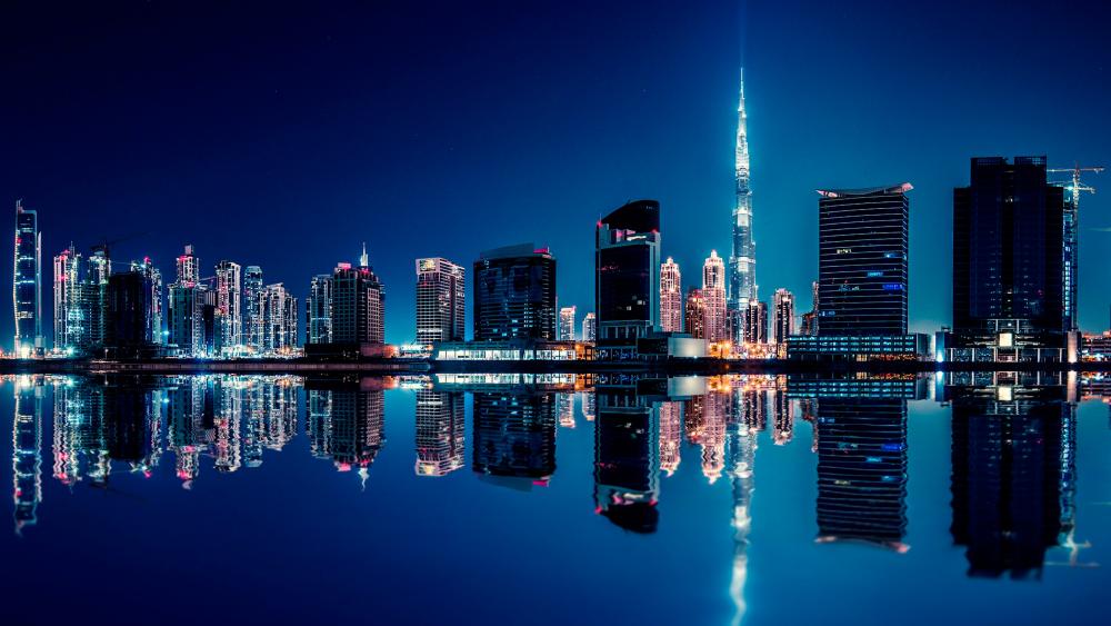 Dubai Night Skyline Reflection wallpaper