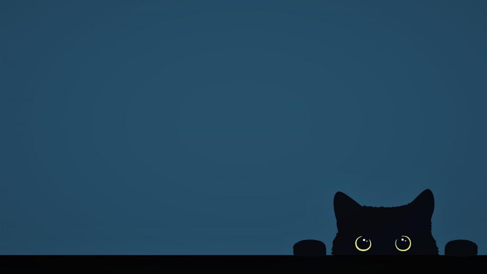 Black cat with yellow eyes in blue wall wallpaper