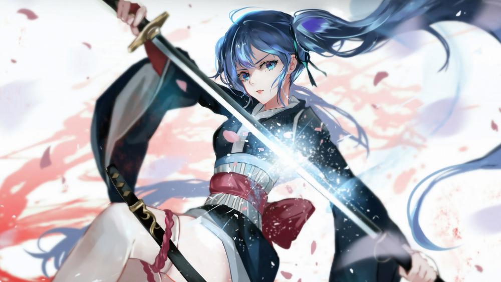 Blue-Haired Anime Warrior Girl with Katana wallpaper