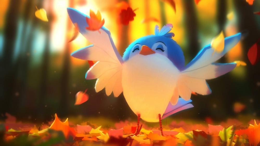 A bird is freely flapping its wings to play with autumn leaves wallpaper