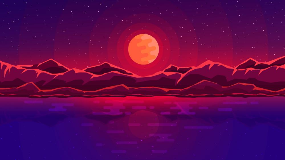Crimson Moon Over Tranquil Mountains wallpaper