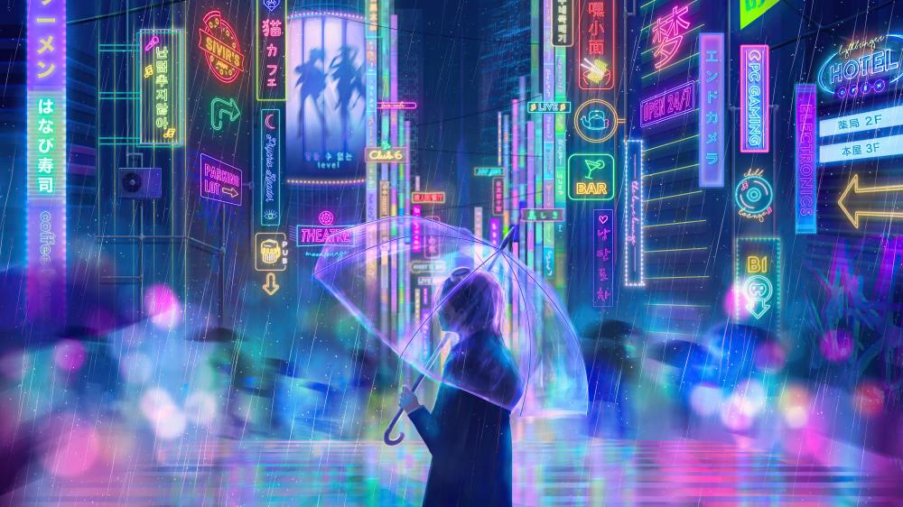 Neon Dreams in the Anime City Rain wallpaper