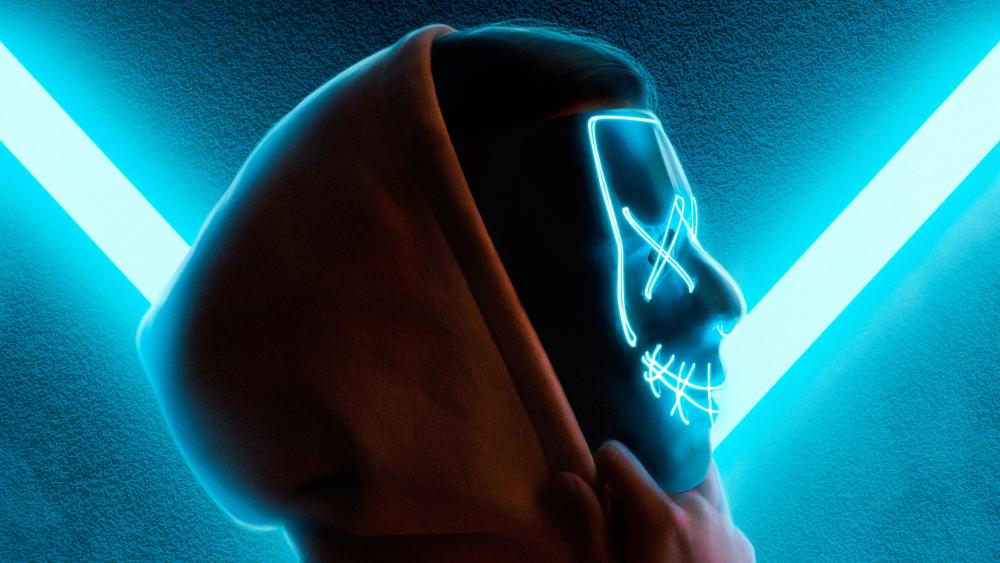 Neon masked guy in hoodie wallpaper