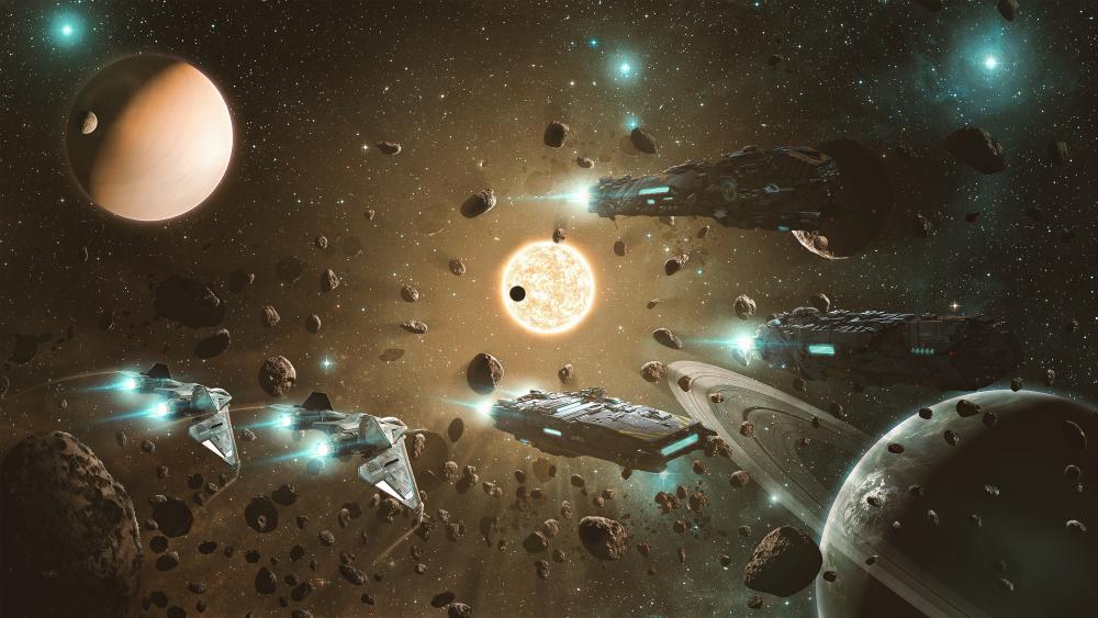 Interstellar Fleet Approaching Unknown Planet wallpaper