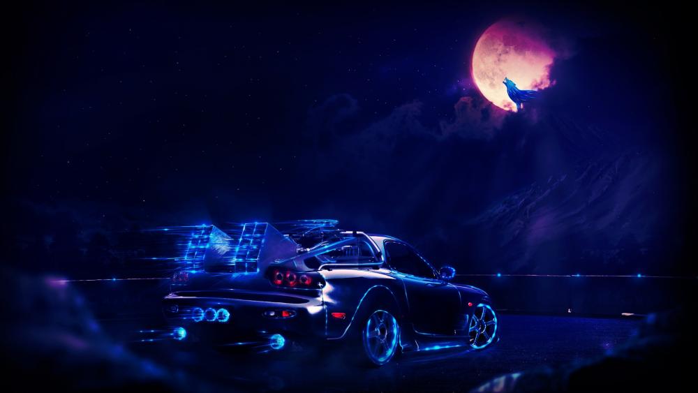 Neon Blue Mazda RX7 and wolf howls at full moon wallpaper