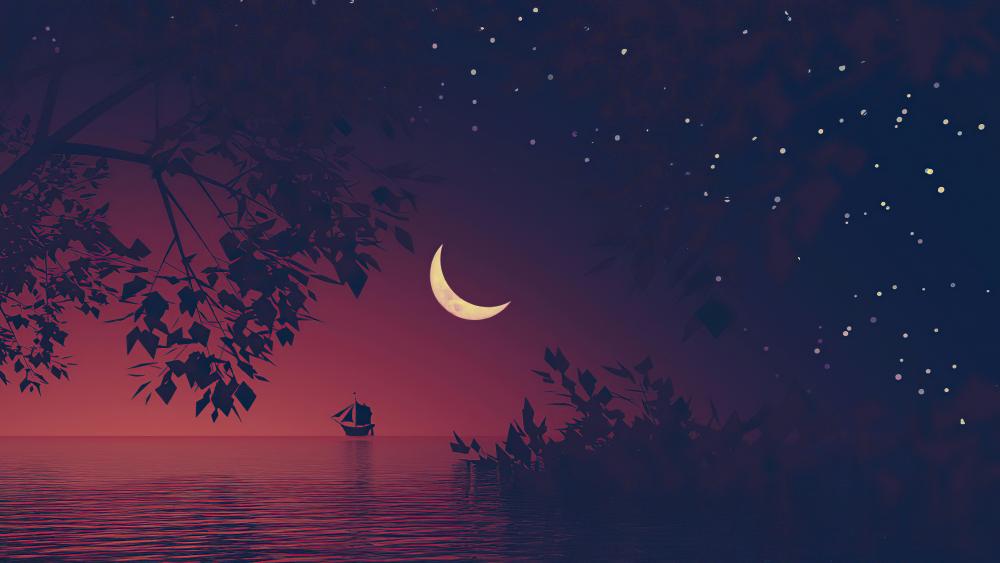 Twilight Voyage Under the Crescent Moon wallpaper
