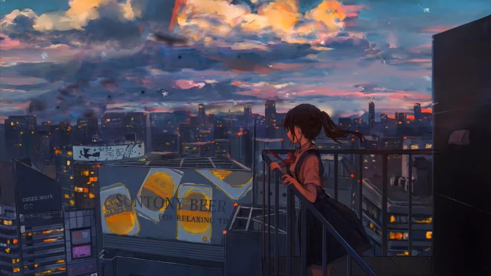 Anime girl in the cloudy city wallpaper