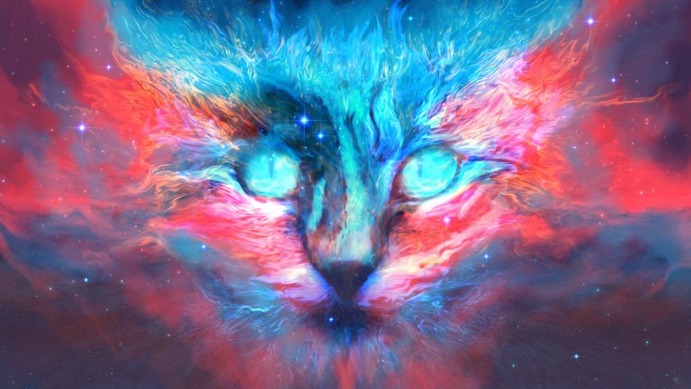 Dreamy space cat with blue eyes wallpaper