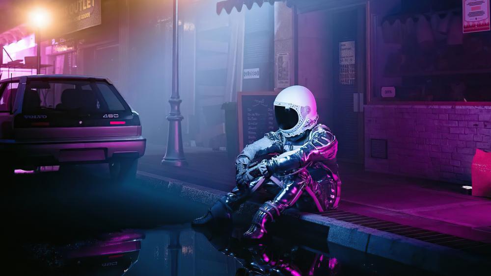 Astronaut's Solitude in Neon Hues wallpaper