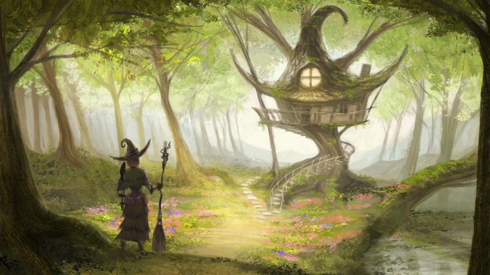Fantasy forest witch house wallpaper