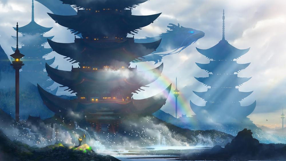 Mystical Dragon Guarding Ancient Pagoda wallpaper