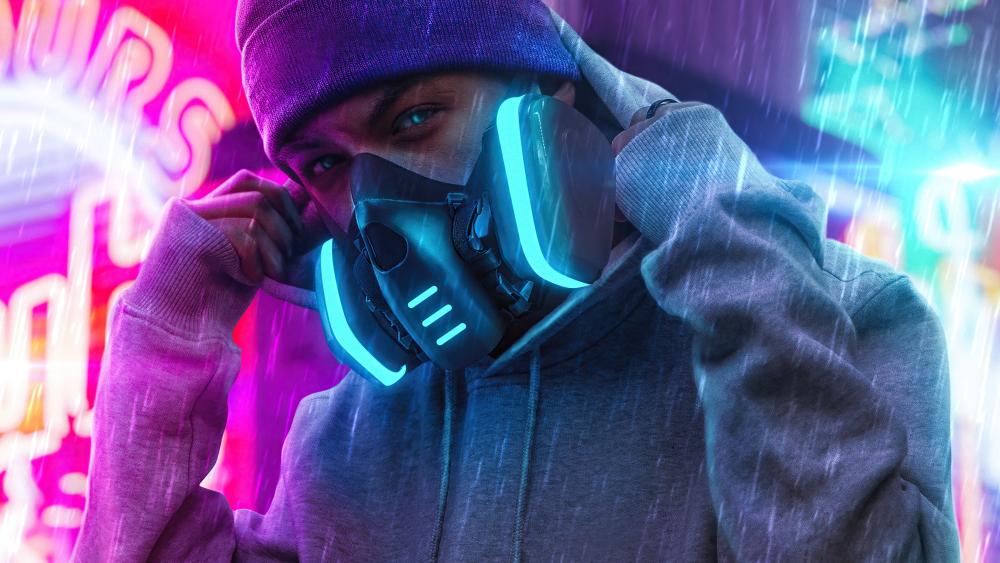 Neon-Lit Mystery Man in Hoodie and Mask wallpaper