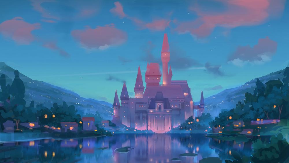 Enchanted Evening at the Lakeside Castle wallpaper