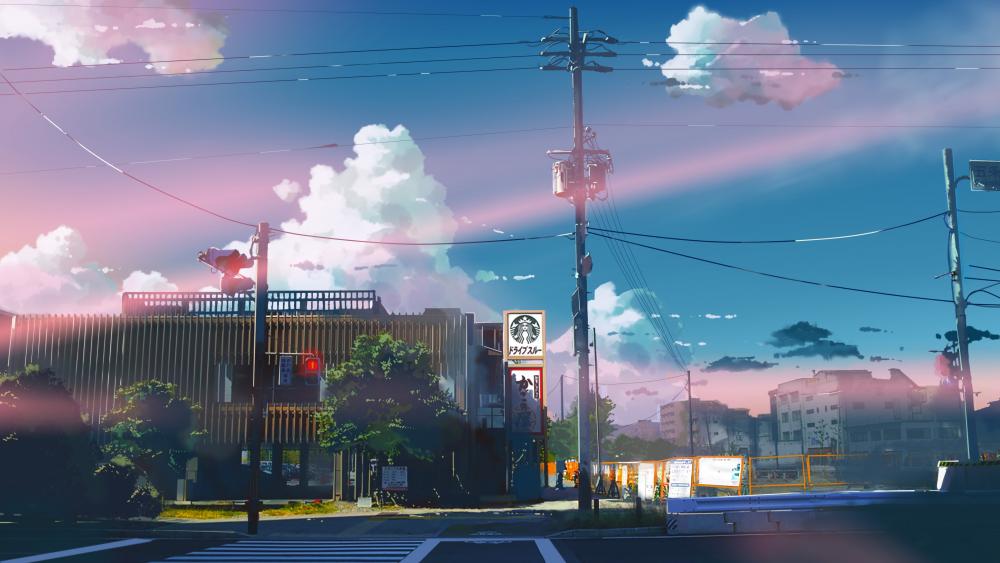 Sunset Hues Over Anime Town Crossing wallpaper