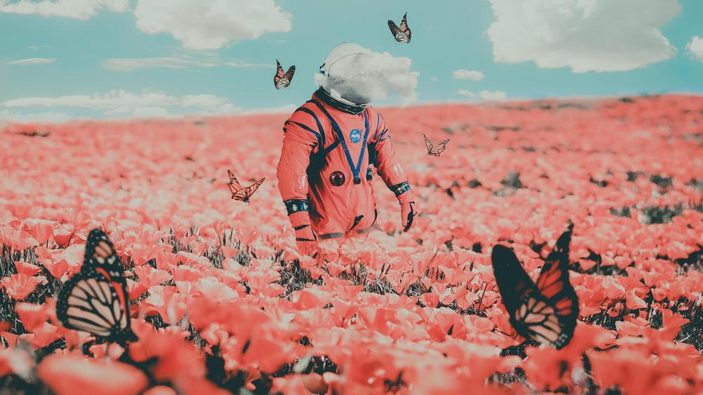 Astronaut in the middle of the poppy field wallpaper