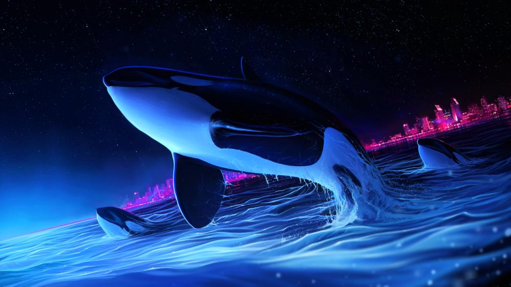 Orcas digital art wallpaper