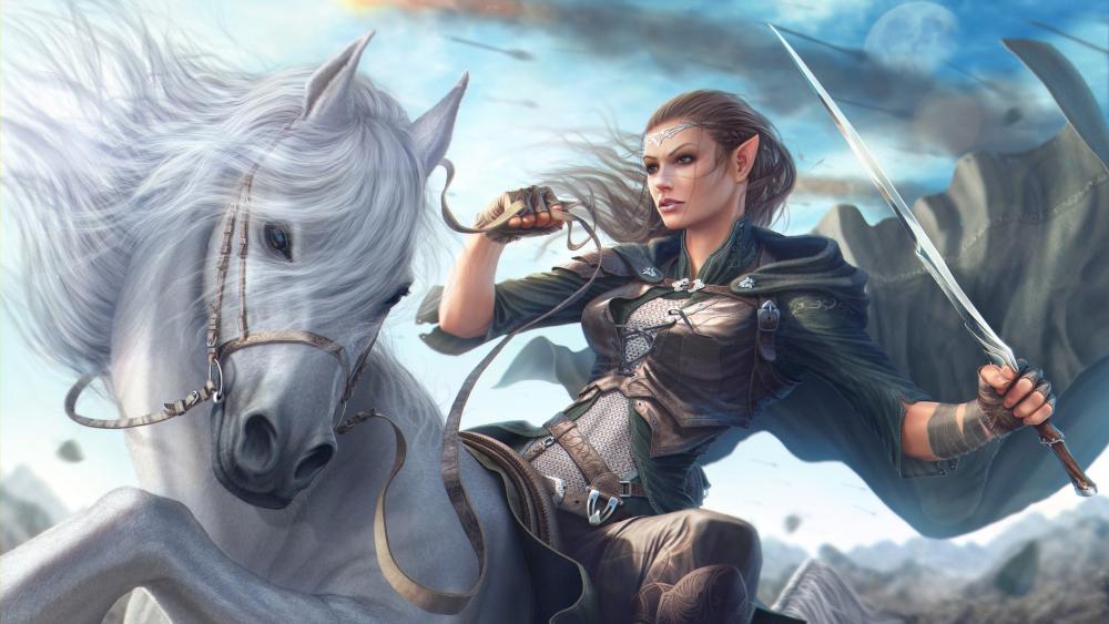 Warrior elf woman in a white horse wallpaper
