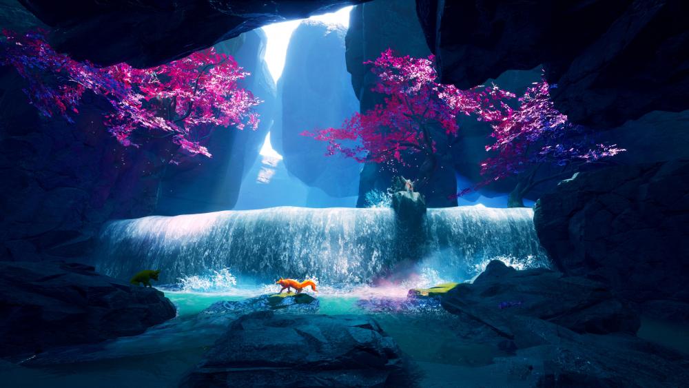 Mystical Fox Sanctuary Beneath the Waterfall wallpaper