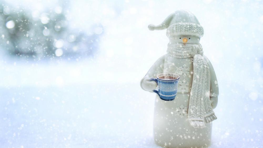 Snowman with a mug in winter wallpaper