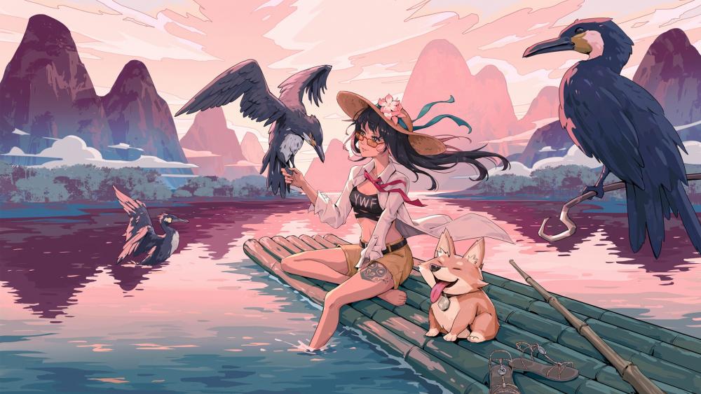 Anime Girl and Corgi on a Dusk River Adventure wallpaper