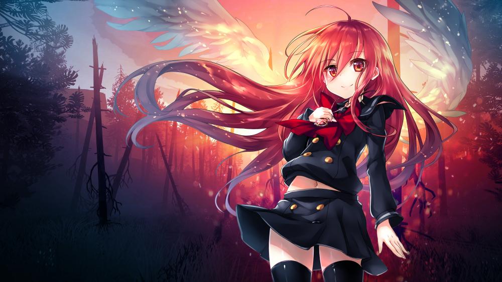 Mystical Forest Encounter with Red-Haired Anime Angel wallpaper