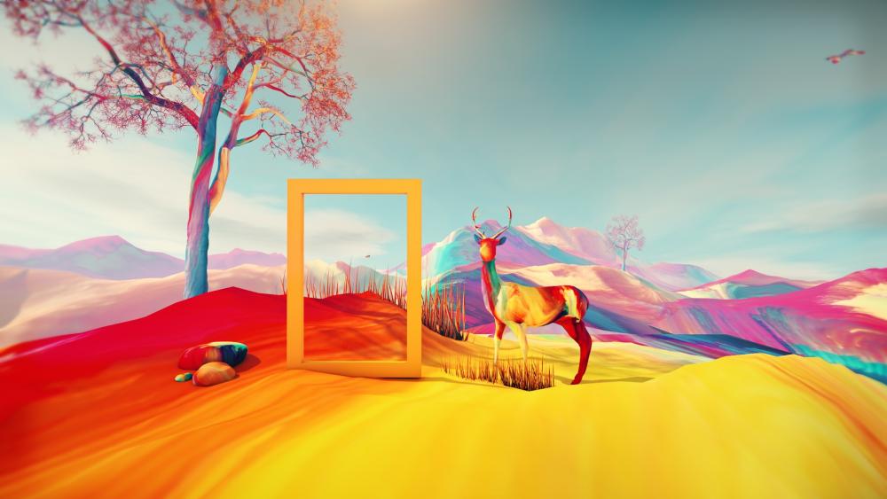 Surreal Landscape with Deer and Floating Frame wallpaper
