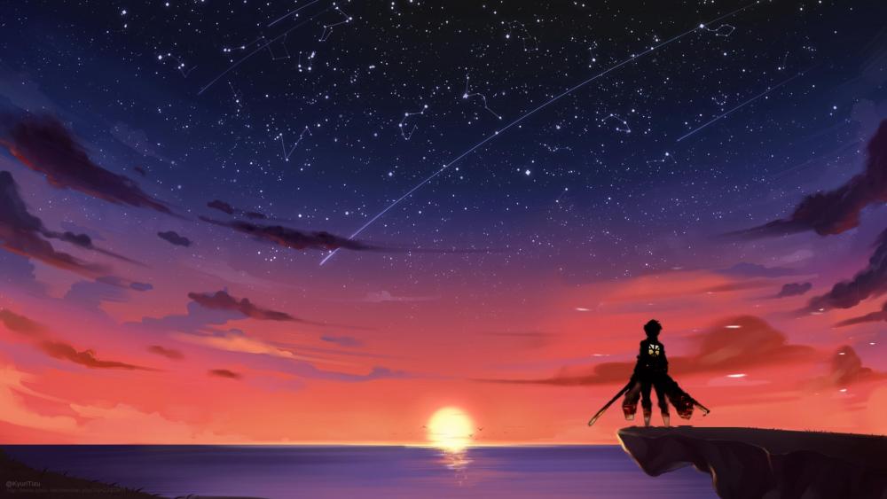 Anime Sunset Dreamscape with Shooting Stars wallpaper