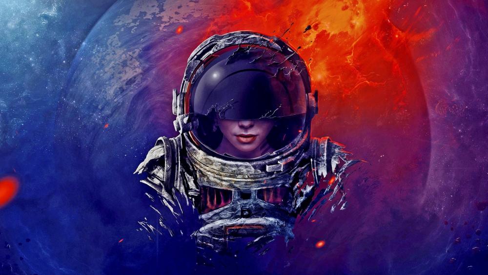 Astronaut Woman amidst Cosmic Hues wallpaper