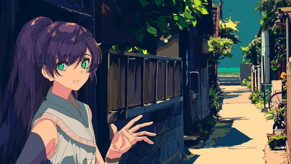 Anime Girl in Sunlit Alleyway wallpaper