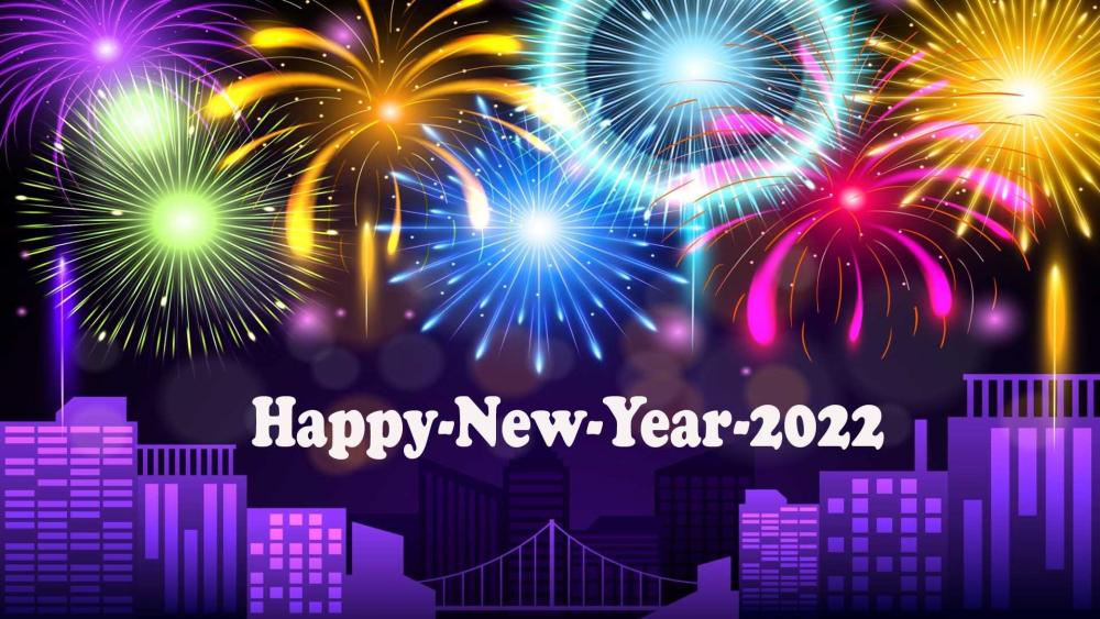 Happy New Year 2022 Greeting Card with colorful fireworks wallpaper