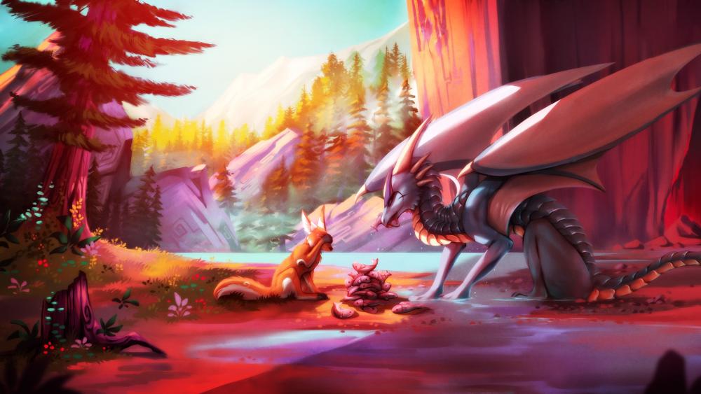 Enchanted Encounter Between Fox and Dragon wallpaper